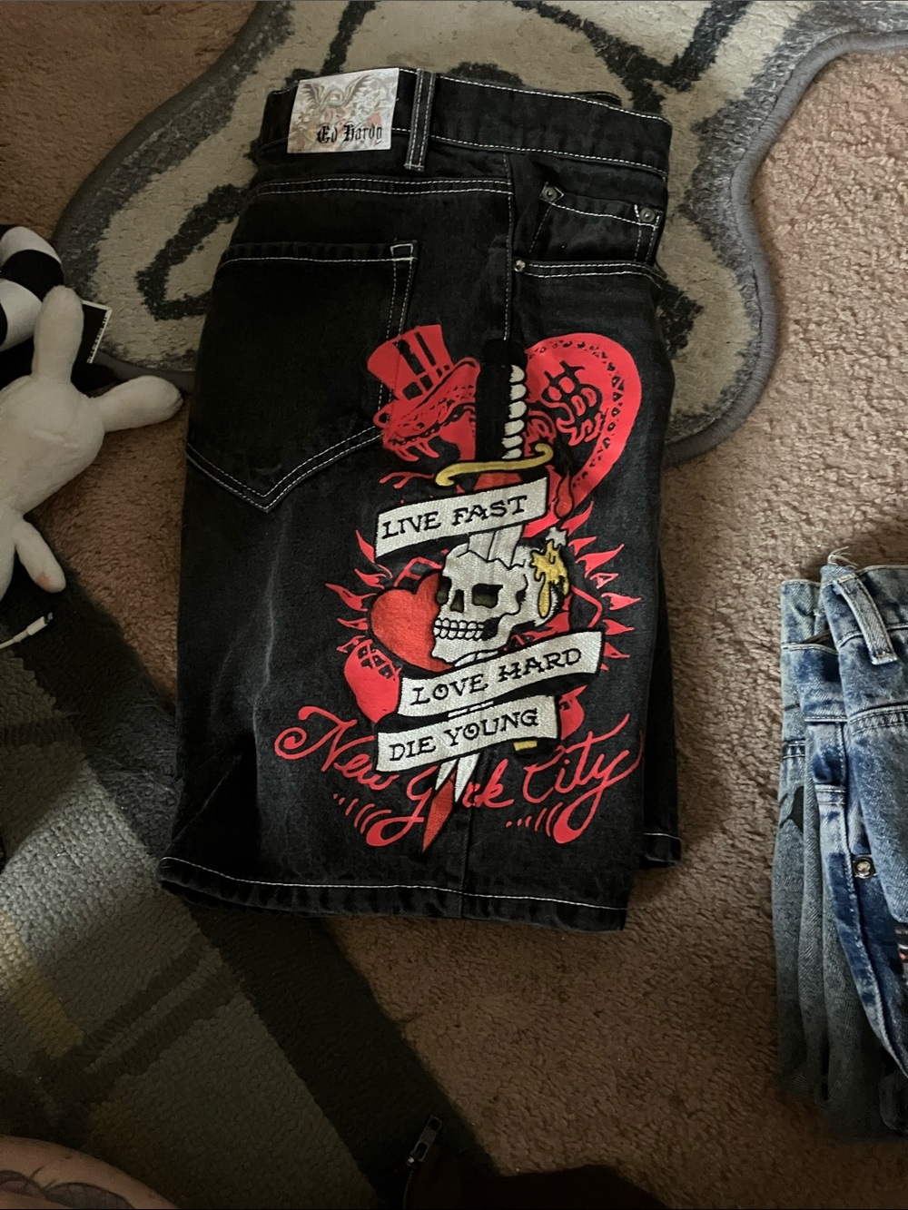 Ed Hardy Black Denim Men’s Shorts with Red Skull Heart Graphic